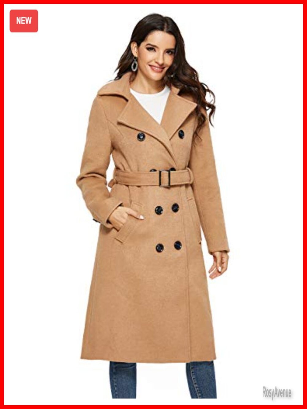 Wool Blend Trench Coat Double Breasted Pea Coat Winter Long with Belt